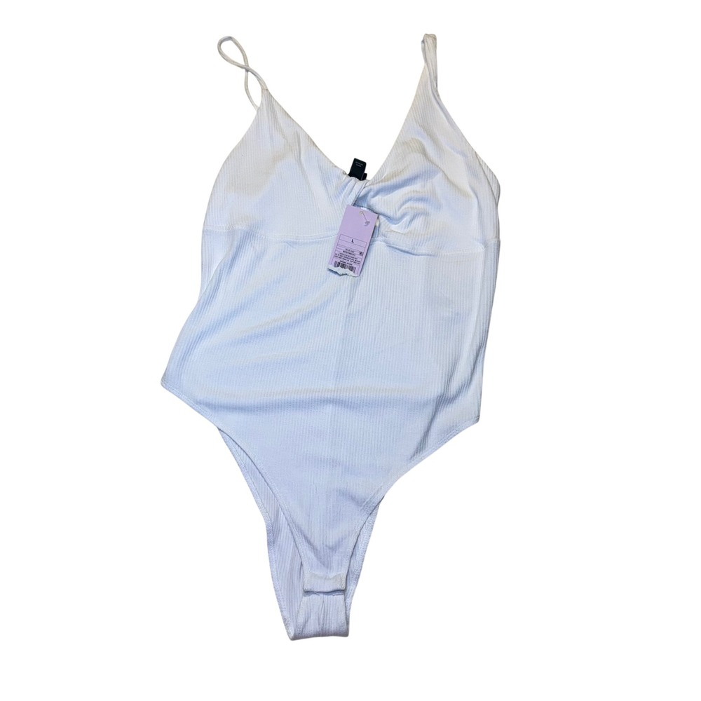 NWT Wild Fable Womens Ribbed One Piece Bodysuit White Tank Straps Size L keyhole